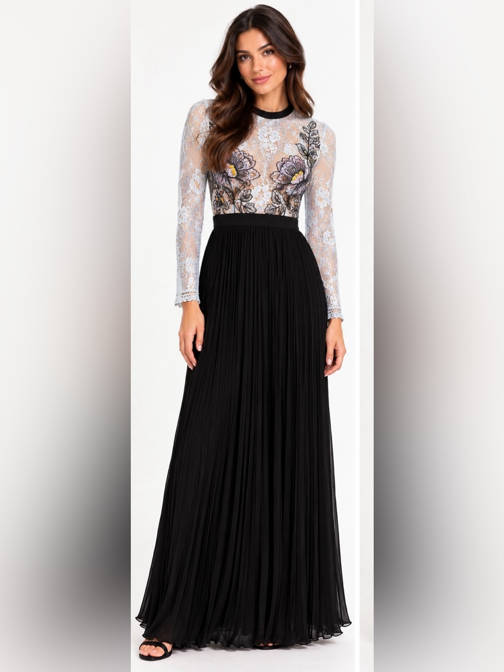 Self-Portrait NWOT Blue Lace Embroidered Pleated Maxi Dress US 2